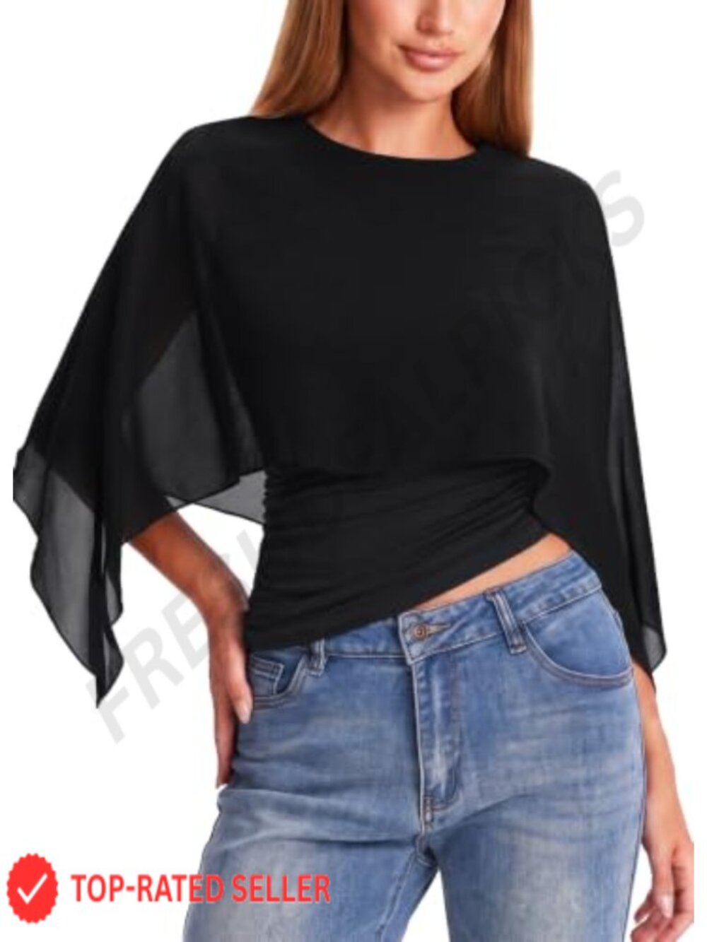 Women Chiffon Sheer Mesh Asymmetrical Blouse Ruched Crop Top